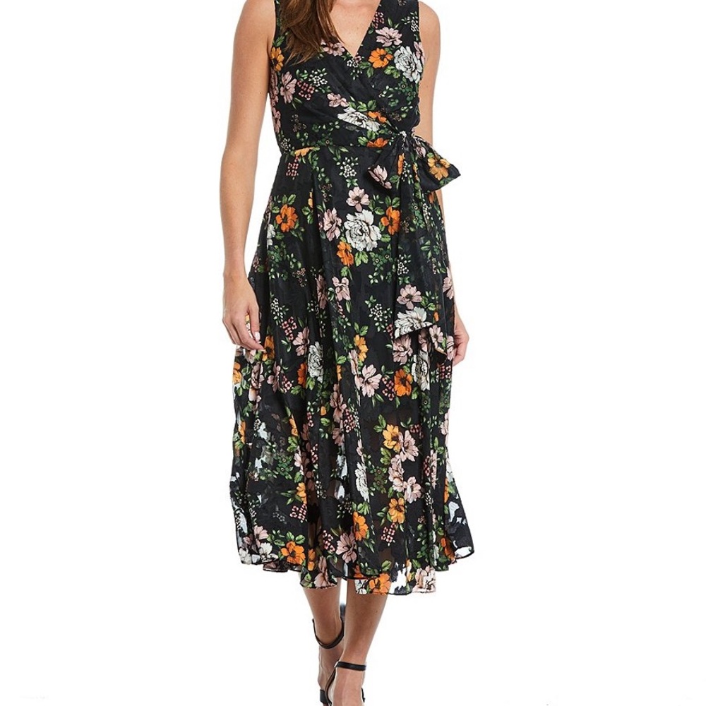 Alex Marie Stella Faux-wrap Black Floral Surplice V-Neck Sleeveless Midi Dress